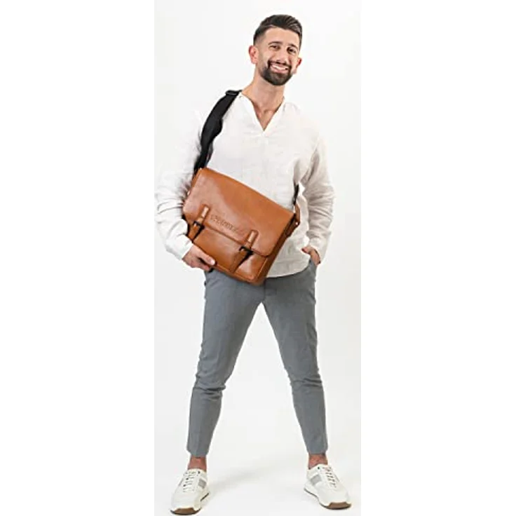 Farmhood Memphis Aktentasche, Leder Messenger mit Laptopfach für 38 cm Geräte, cognac – Bild 2