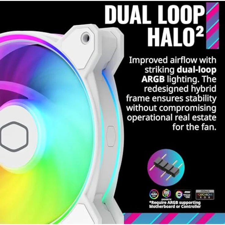 Cooler Master MasterFan MF120 Halo2 ARGB Weiß – Gehäuse und Kühlventilator, Dual-Ring-adressierbare RGB-Beleuchtung, Gewehrlager, vergrößerte Air-Balance-Klingen, Stau-Sensor-Schutz und verbesserter – Bild 3