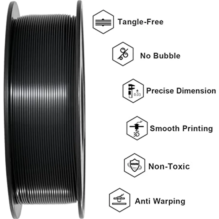 GEEETECH PLA Filament 1,75mm Silk Schwarz, 3D Filament mit hoher Präzision und verbesserter Haltbarkeit, 1kg Spule – Bild 3