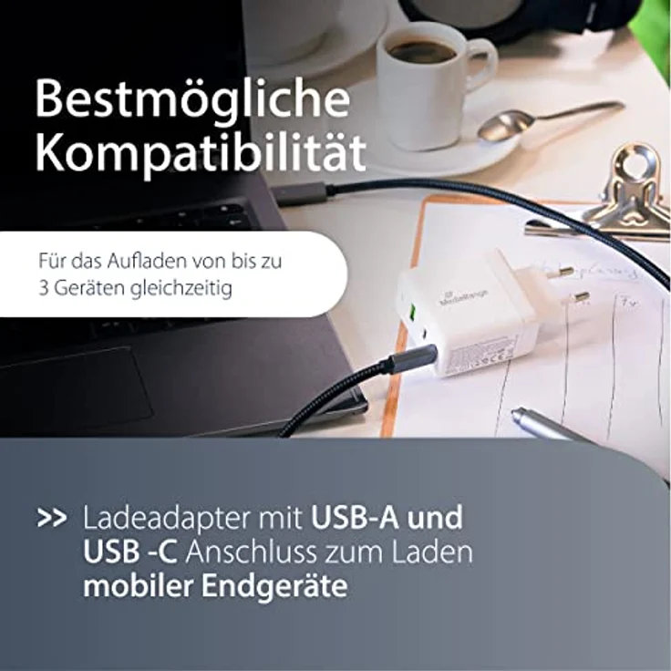 MediaRange 65W GaN Ladeadapter - 3-Port Steckdosen-Ladeadapter mit Schnellladefunktion, 1x USB-A und 2X USB-C Ausgang, kompatibel mit iPhone 13, 12, iPad Pro, AirPods Pro, Galaxy, S22, S21 – Bild 4