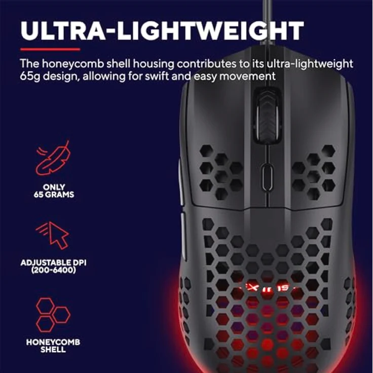 Trust Gaming GXT 928 Helox Gaming Maus, Ultraleichte Kabelgebundene USB Maus 65g, Einstellbare DPI (200-6400), Optischer Sensor, 6 Programmierbare Tasten, RGB-Beleuchtung für Gaming PC MMO - Schwarz – Bild 2