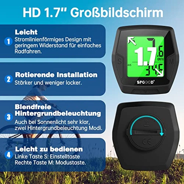 SPGOOD Fahrradcomputer Kabellos, 21 Funktionen, IP54 Wasserdicht, Hintergrundbeleuchtetes Display, Automatischer Start/Stopp, HD-Tacho mit Langzeitbatterie und Aerodynamischem Design – Bild 3