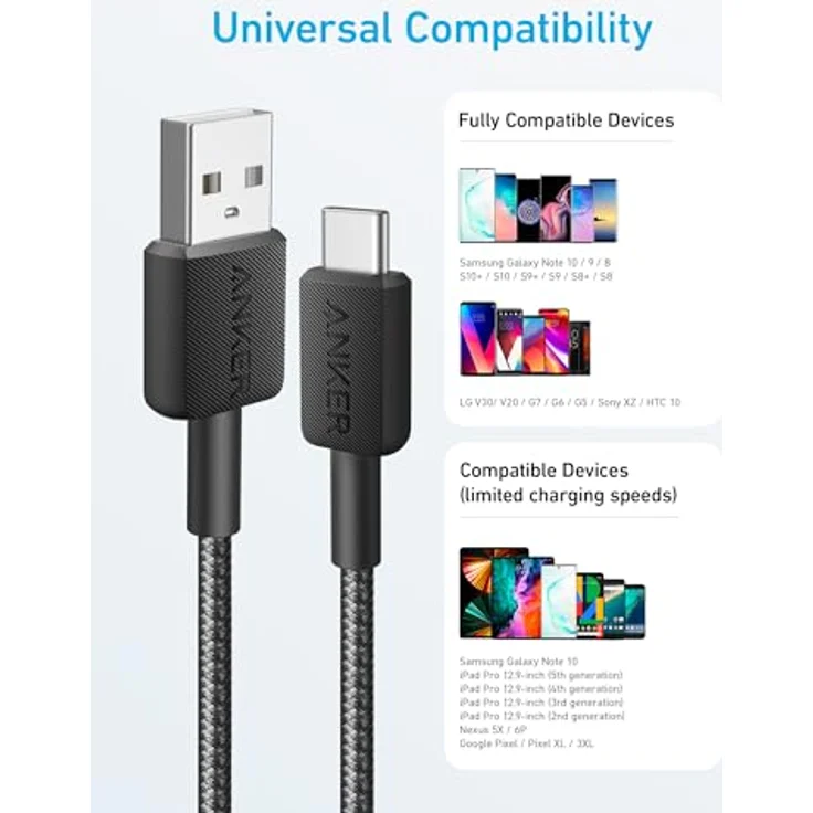Anker 322 USB-A auf USB-C Kabel (1,8 m geflochten) - Schwarz, Hervorragende Haltbarkeit und High-Speed-Ladefunktion – Bild 2