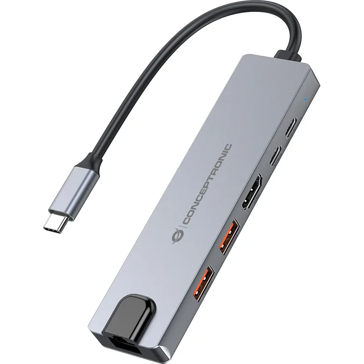 Conceptronic Dock 6-in-1 USB-C->HDMI, Laptop-Dockingstation mit 2xUSB-A, USB-C, GbE und 140W Power Delivery