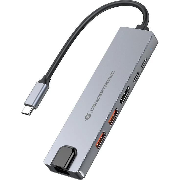 Conceptronic Dock 6-in-1 USB-C->HDMI, Laptop-Dockingstation mit 2xUSB-A, USB-C, GbE und 140W Power Delivery
