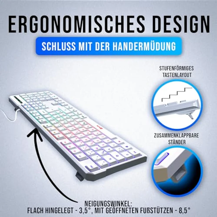 KLIM Chroma Gaming Tastatur QWERTZ DEUTSCH mit Kabel USB Weiß + Langlebig, Ergonomisch, Wasserdicht, Leise, RGB - PC Mac Xbox One X PS4 – Bild 3