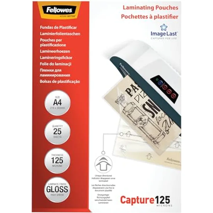 Fellowes Capture125 ImageLast Laminierfolien glänzend, A4 125 micron, 25 St. für Heißlamination