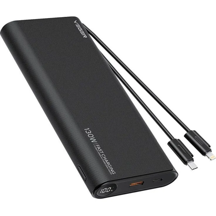 Veger TC130 Powerbank, 25000 mAh, 130 W, mit integriertem Type-C- und Lightning-Kabel, Schwarz