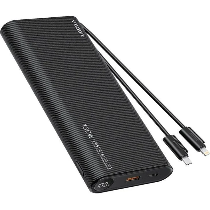 Veger TC130 Powerbank, 25000 mAh, 130 W, mit integriertem Type-C- und Lightning-Kabel, Schwarz