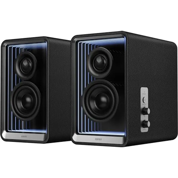 EDIFIER QR65 Aktive Design-Monitorlautsprecher (70 Watt) mit RGB-Lichteffekten, 3X USB TurboGaN-Schnellladeports und Subwoofer-Ausgang, schwarz