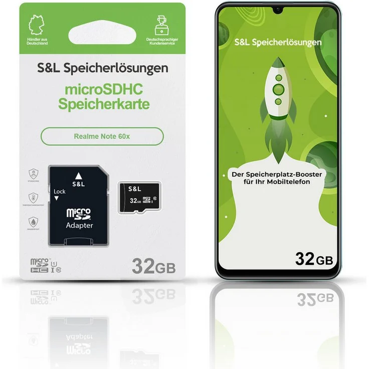 Tec-Expert microSD Karte S&L für Realme Note 60x, 32 GB, Class 10, microSDHC, stoßfest und wasserdicht