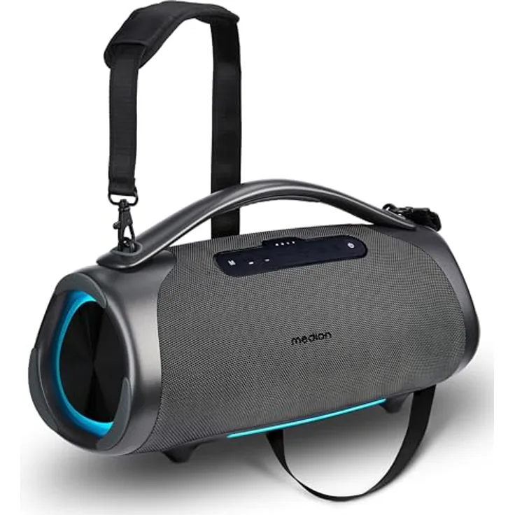 MEDION P61768 tragbarer Bluetooth Lautsprecher (Akku, Bass Boost, RGB Lichteffekte, IPX7 Wasserschutz & robust, integrierte Powerbank, 2X 25 W + 50 W RMS) Anthrazit