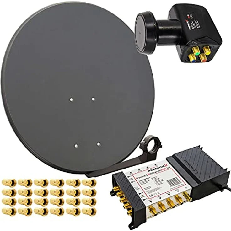 PremiumX PXS80, 80 cm Satellitenantenne mit 5/8 Multischalter und 24 F-Steckern, Anthrazit, HDTV und 3D TV tauglich – Bild 8