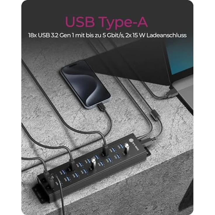 ICY BOX IB-HUB1720-U3, 20-Port USB 3.2 Gen 1 Hub mit 12 V / 3 A Stromadapter, Aluminiumgehäuse und 2 USB-Ladeports – Bild 5