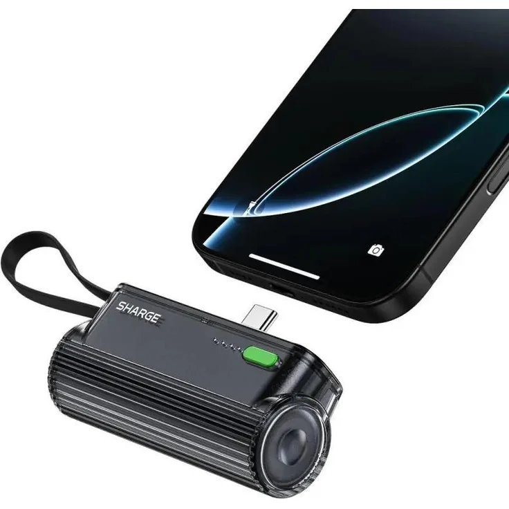 Sharge Flow Mini 2 Powerbank 5000 mAh, 22,5W Schnellladung, Schwarz, integriertes USB-C-Kabel