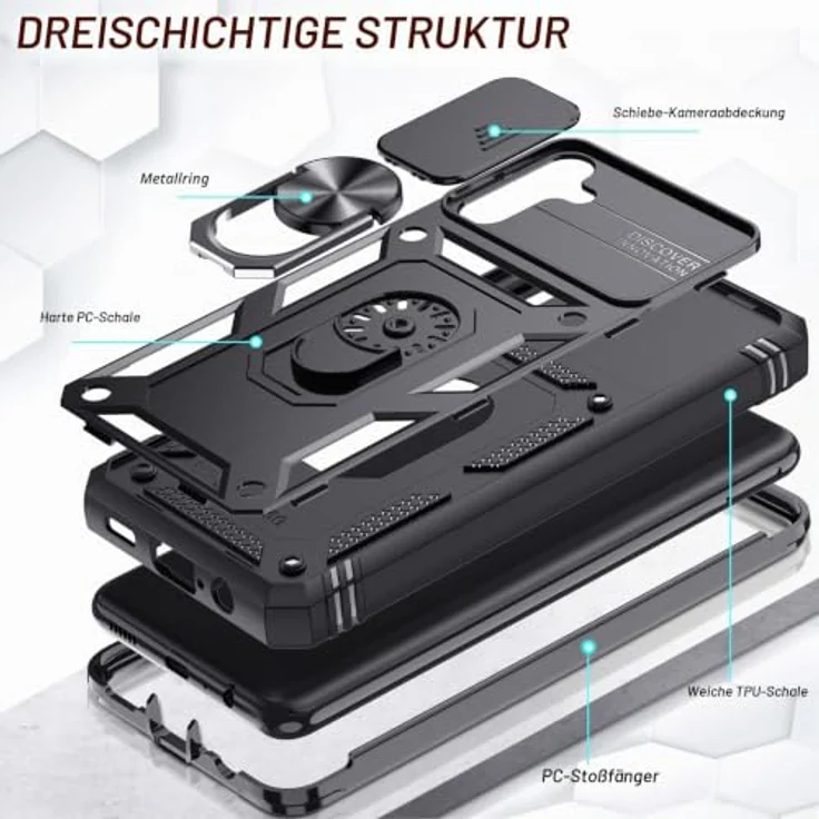 LeYi Hülle für Samsung Galaxy A13 5G/A04S, Hybrid Handyhülle mit Kameraschutz und 2 Schutzfolien, militärischer Standard, schwarz, mit Metall Ring Ständer – Bild 3