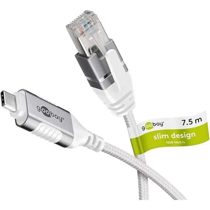 Goobay Ethernet-Kabel USB-C 3.1 auf RJ45 Slim, 7.5 m, CAT 6, 1 Gbit/s, weiß – Bild 1