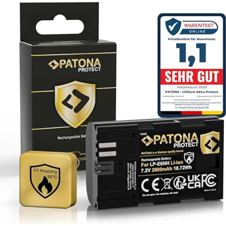 PATONA Protect LP-E6NH Akku 2600mAh mit NTC-Sensor und hitzebeständigem V1 Gehäuse, kompatibel mit Canon EOS R5 R6 R7 5D 6D 7D 80D 90D