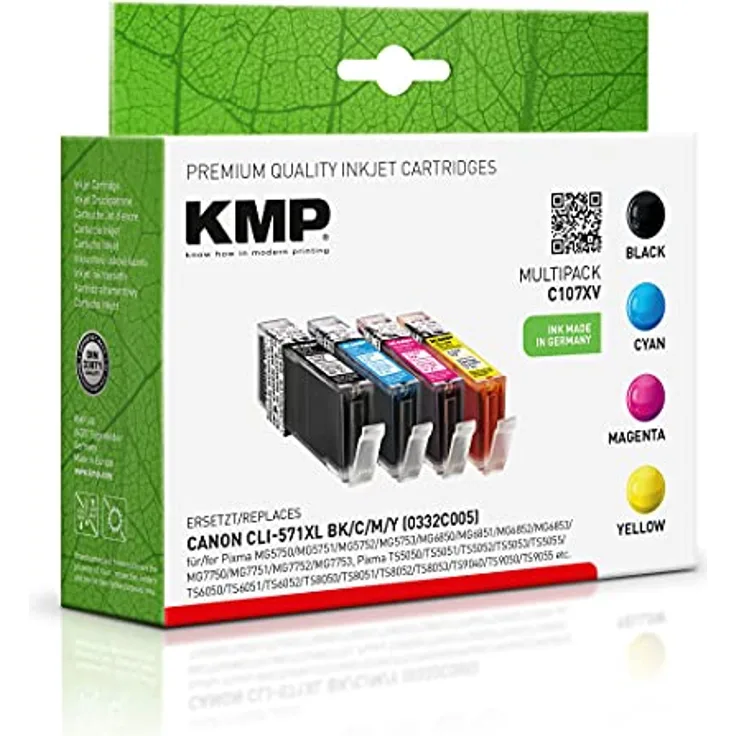 KMP Tintenpatronen passend für Canon CLI-571XL BK,C,M,Y (0332C005) Multipack - für Canon Pixma MG5750, Pixma TS5050 TS5051, etc.