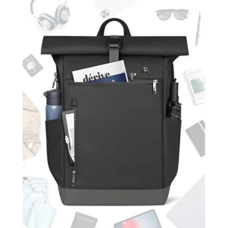 Inateck RollTop Rucksack Herren Damen 25L-30L Schwarz - LaptopRucksack mit Spritzwasserschutz, flexiblem Stauraum & 17 Zoll Laptopfach – Bild 4