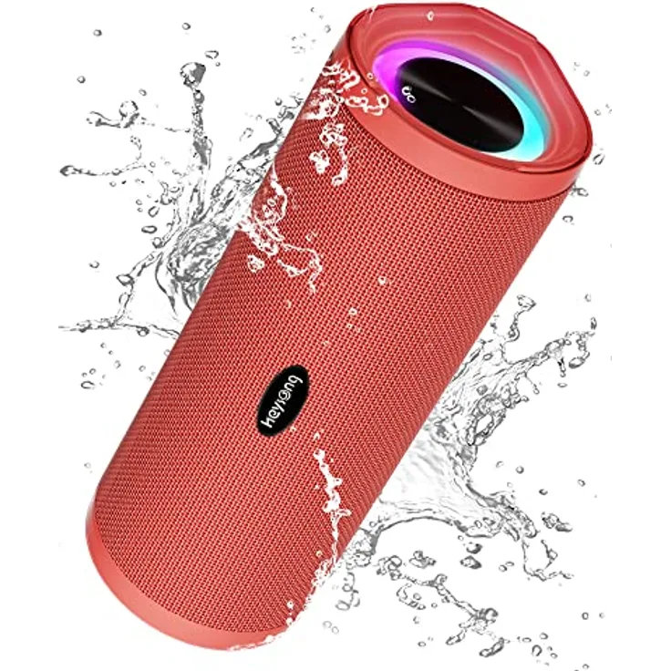 HEYSONG Bluetooth Lautsprecher mit Licht, Musikbox Tragbarer Bluetooth Box mit IPX7 wasserdicht, 360° Stereo Sound, Satter Bass, 40h Akku, Kabelloser Speaker mit TF für Zuhause,Draußen,Garten-Mohnrot