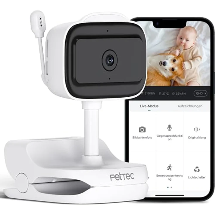 PetTec® Cam Feel Sensor - Überwachungskamera Innen für Haustiere & Babys mit App [HD+] - Haustierkamera Hundekamera mit Bewegungs- & Geräuscherkennung - Babyphone mit Kamera & Nachtsichtfunktion – Bild 1