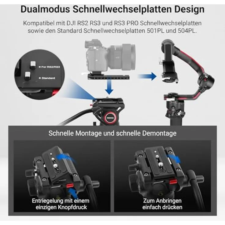 Neewer TP74 Videostativ mit Fluidkopf, QR Platte, höhenverstellbar 86-187 cm, für DSLR Kameras, Tragfähigkeit 8 kg – Bild 4