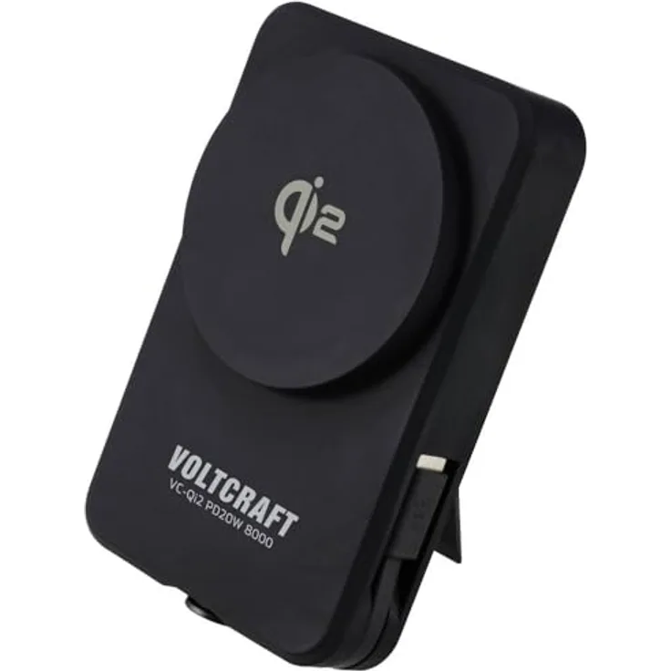 Voltcraft VC-Qi2 PD20W 8000 Powerbank, 8000 mAh, Fast Charge, Qi2, Schwarz, integriertem Typ-C Kabel und Handyhalterung
