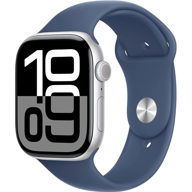 Apple Watch Series 10, 46 mm, GPS + Cellular, Aluminiumgehäuse Silber, Sportarmband Denim, S/M