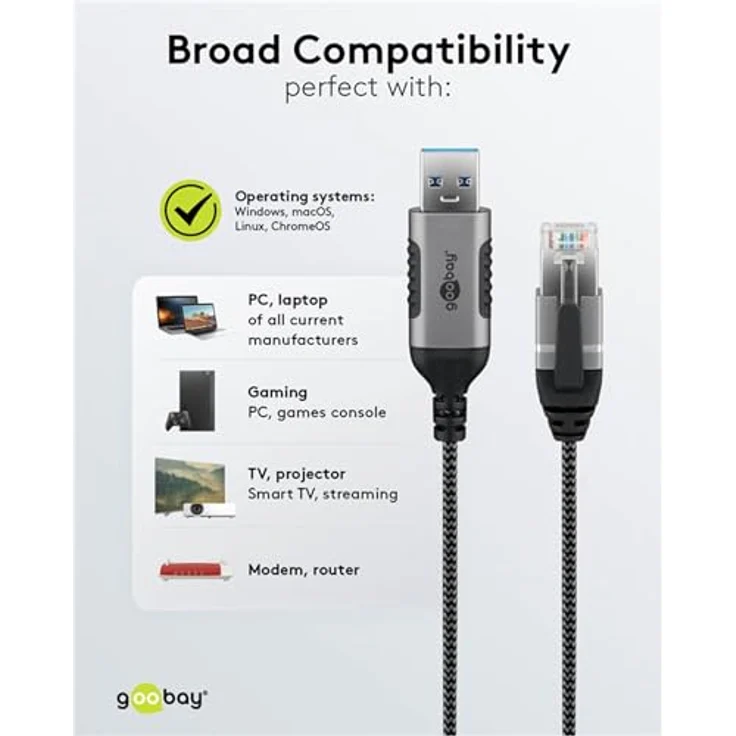 Goobay Ethernet-Kabel USB-A 3.0 auf RJ45 Slim, 5 m, CAT 6, bis zu 1 Gbit/s, schwarz-silber – Bild 8