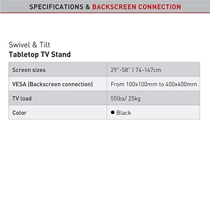 Barkan Tischplatte TV Standfuss TV Wandhalterung 29-58 Zoll Schwenkbar & Neigbare TV Ständer, hält bis 25Kgs, Patentiert, Gehärtetes Glas, für LED OLED LCD, Max. VESA 600x400 – Bild 3