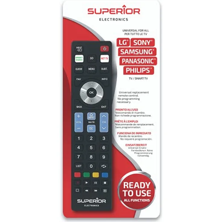Superior Electronics Ready5 Smart (Samsung, LG, Philips, Sony, Panasonic) Universal Ersatzfernbedienung einsatzbereit, Black