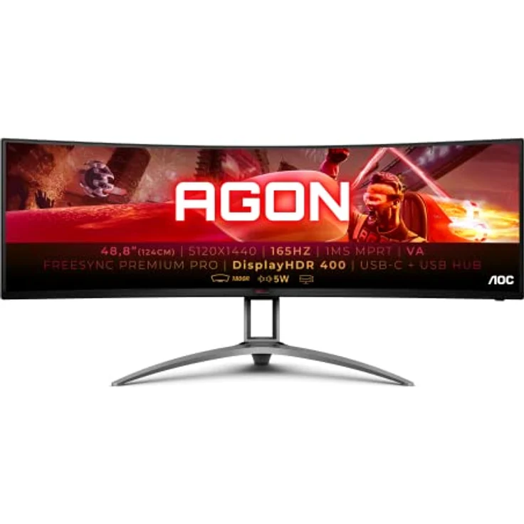AOC Agon 493UCX2 - 49 Zoll DQHD Curved Gaming Monitor, 165 Hz, 1 ms, HDR400, FreeSync Premium Pro (5120x1440, HDMI, DisplayPort, USB-C, USB Hub) schwarz/rot – Bild 1