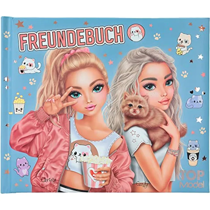 Depesche 12400 TOPModel Cutie Star - Freundebuch in Blau mit Model-Aufrdruck und Katzen-Muster, Buch mit 108 Seiten und wattiertem Cover, 21 x 17.5 x 1.5 cm