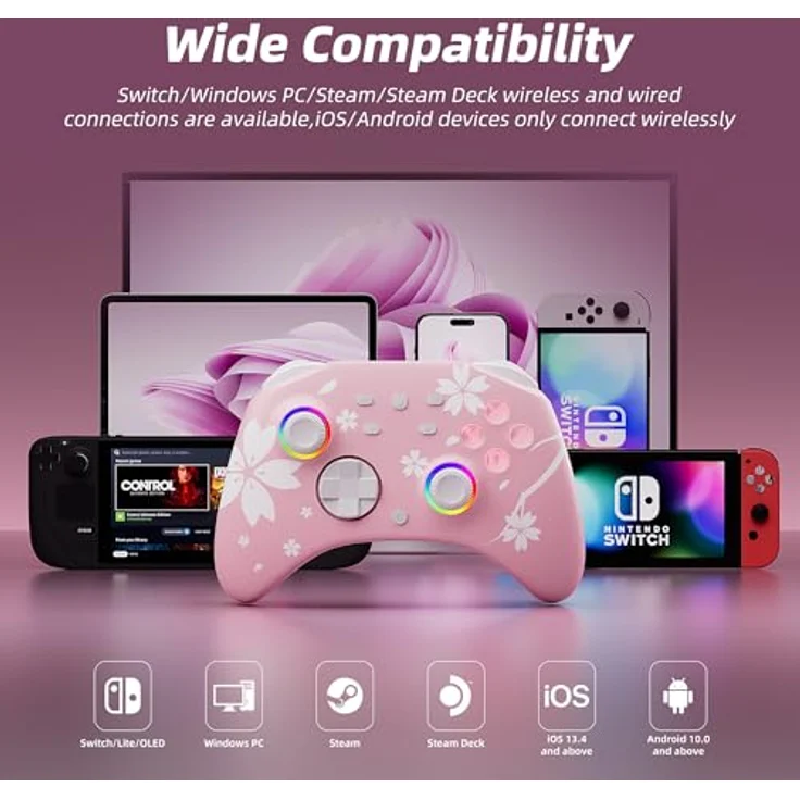 Mytrix Wireless Controller für Switch/Switch 2/Switch OLED, Pro Controller mit Turbo, Bewegungskontrolle, LED-Lichtern, 3,5-mm-Audioanschluss, rosa Sakura – Bild 4