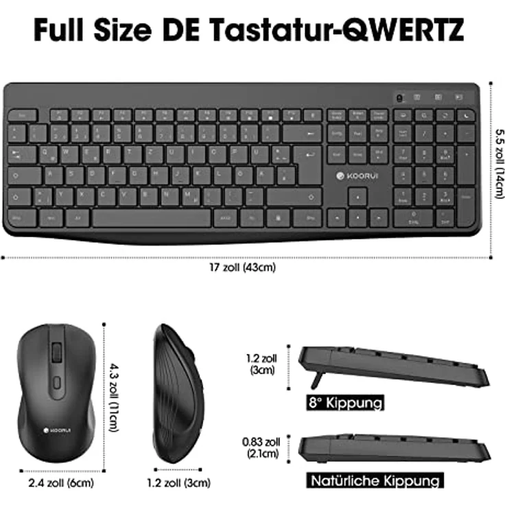 KOORUI Tastatur und Maus Kabellos, Leise Maus Tastatur Set Deutsches Layout QWERTZ mit 12 Funktionstasten 2.4 GHz Tastatur Maus Set für Windows,MacOS,Linux-Schwarz (Batterie Nicht Enthalten) – Bild 4