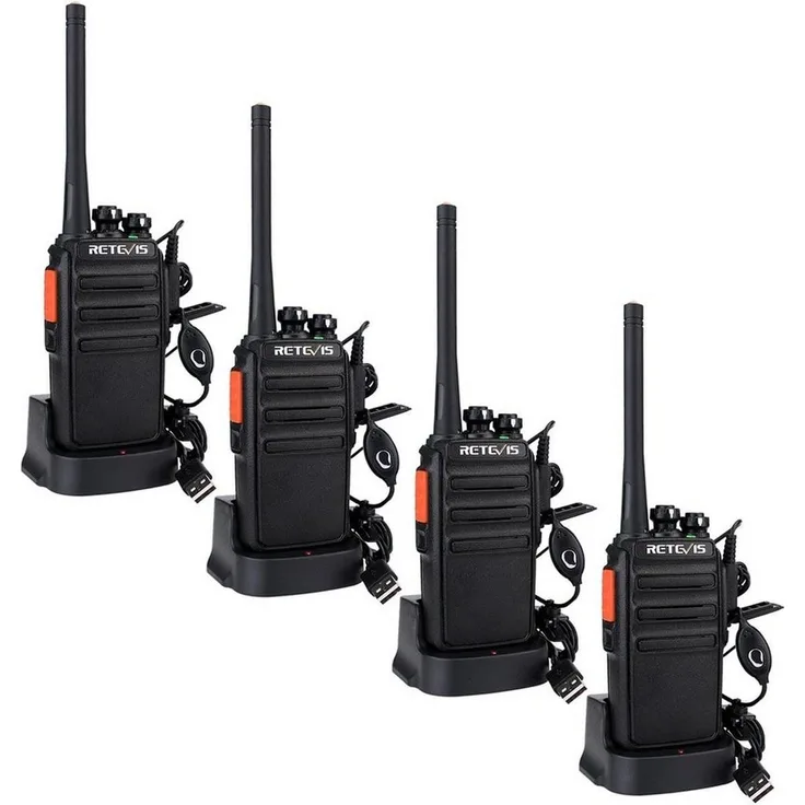 Retevis Walkie Talkie RT24 Lizenzfreier Profi 4er-Pack, große Reichweite, 16 Kanäle, IPx4 Wetterschutz, mit Headset - Schwarz