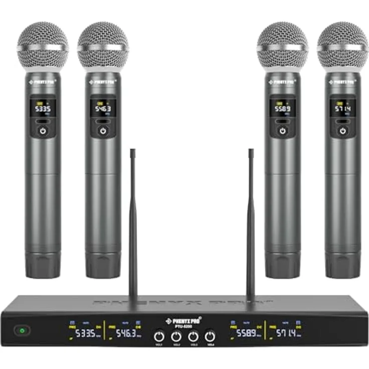Phenyx Pro PTU-5200-4H, 4-Kanal UHF Funkmikrofon-System mit 25 einstellbaren Frequenzen und Metallhandmikrofonen