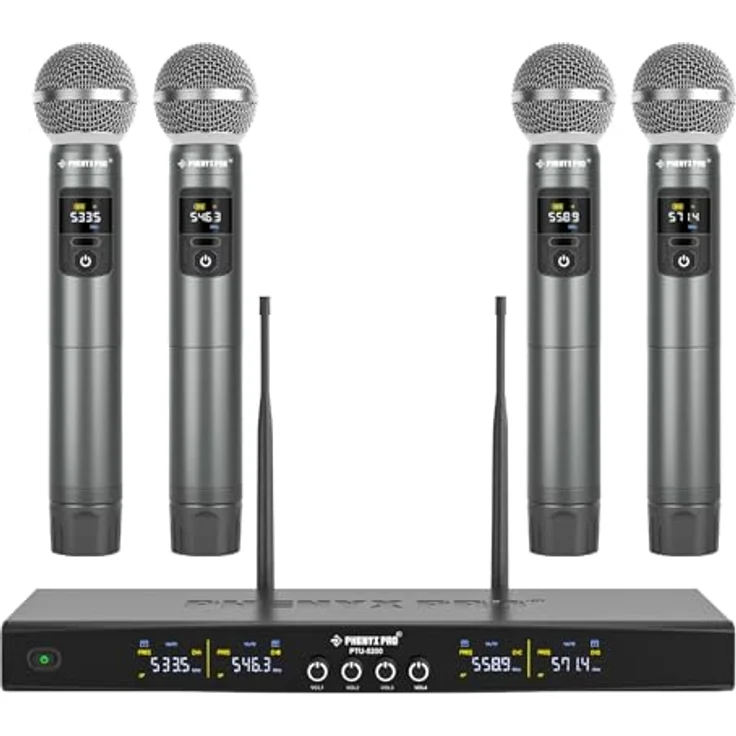 Phenyx Pro PTU-5200-4H, 4-Kanal UHF Funkmikrofon-System mit 25 einstellbaren Frequenzen und Metallhandmikrofonen – Bild 1