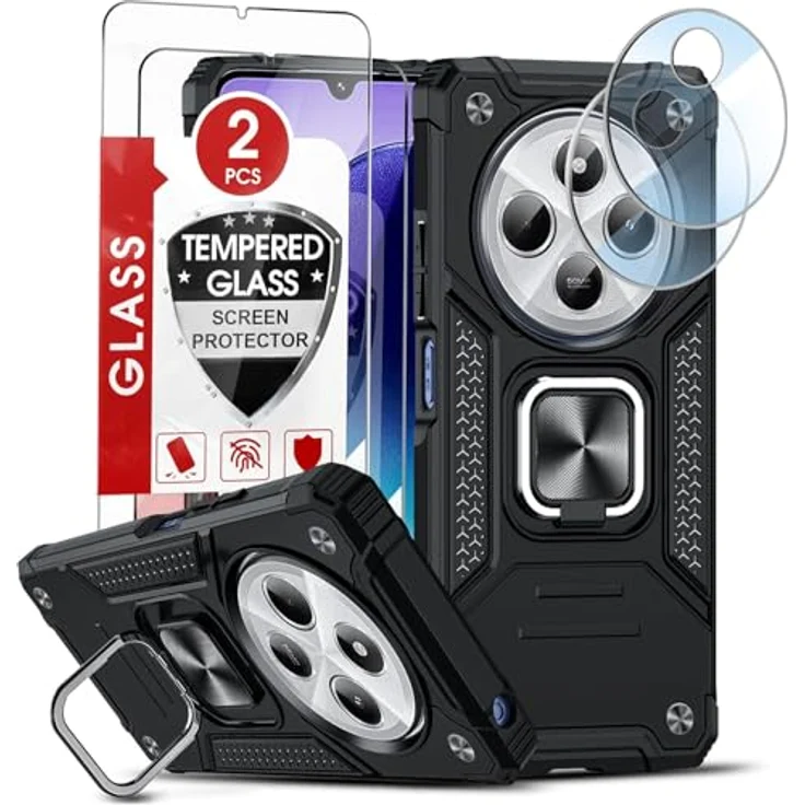 LeYi Handyhülle für Xiaomi Redmi 14C 4G/5G, Militärischer Ständer Schutzhülle mit 2*Schutzfolie & 2*Kamera Folie, 360° Metall Ring Halter, Stoßfest Hardcase, Schwarz – Bild 1