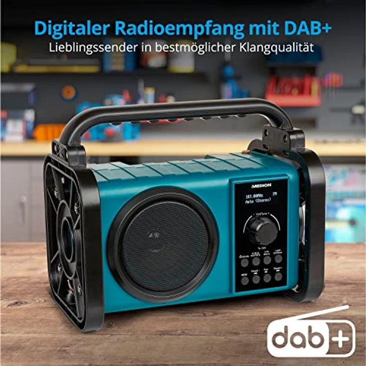 MEDION E66877 DAB+ Baustellenradio (Robustes Gehäuse, Spritzwassergeschützt (IP44), Bluetooth 5.0, PLL UKW Radio, LED-Arbeitslicht, Akku- und Netzbetrieb) blau – Bild 2