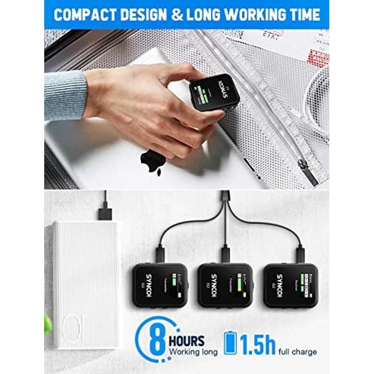 SYNCO Lavalier Wireless-Mikrofon, G2 A2, Doppel-Clip, kabellos, 2,4 GHz, Übertragung 100 m für Kamera Reflex Camcorder Smartphone, Radio-Mikrofon, Lavalier-Wireless-Professionell – Bild 5