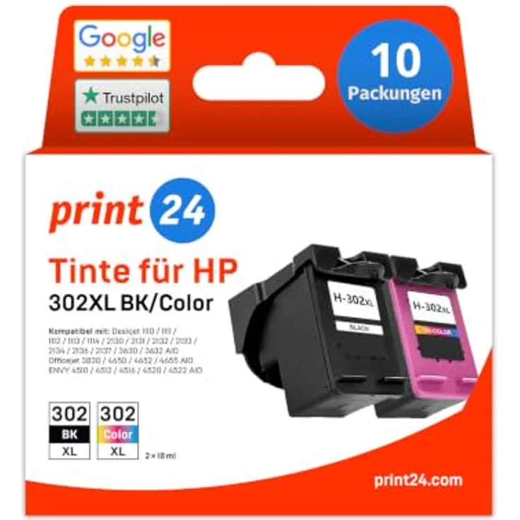 print24 Tintenpatrone 302XL, 10-tlg. Set in Schwarz, Cyan, Magenta und Gelb, kompatibel mit HP Druckern – Bild 1