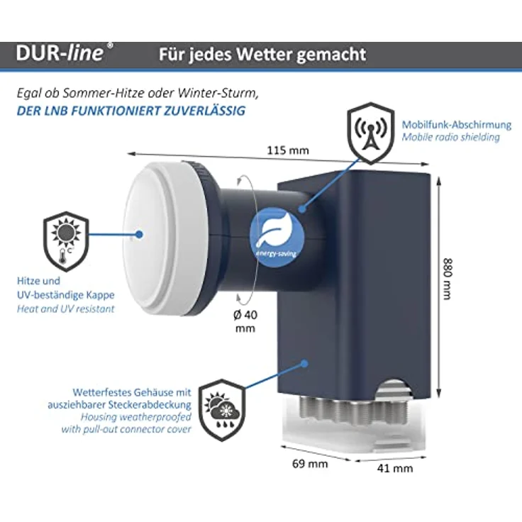 DUR-line Blue ECO Octo - Stromspar-LNB - 8 Teilnehmer - Premium-Qualität - 8-Fach, digital, Full HD, 4K, 3D – Bild 3