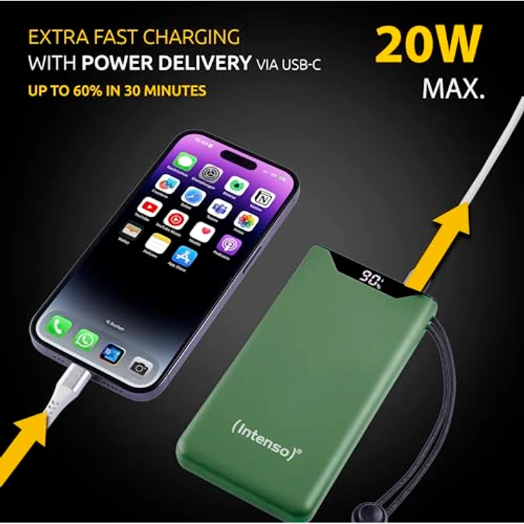 Intenso Powerbank F10000, externer Akku mit PD (20W) & QC (18W), USB-C und USB-A Anschluss, 10000mAh, Grün – Bild 4