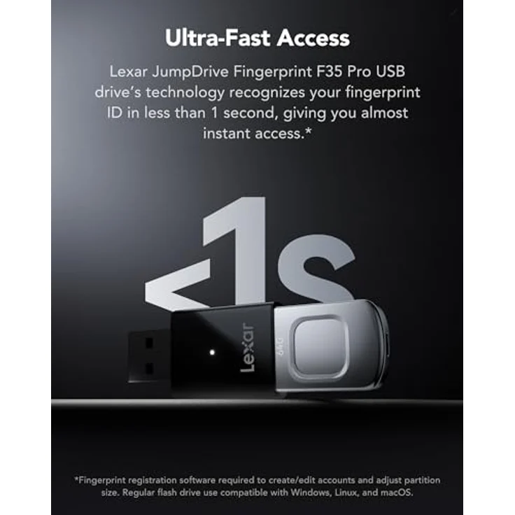 Lexar JumpDrive Fingerprint F35 PRO, 64GB USB-Stick mit USB 3.2 Gen 1, bis zu 300MB/s Lese- und 150MB/s Schreibgeschwindigkeit, silber/schwarz – Bild 4