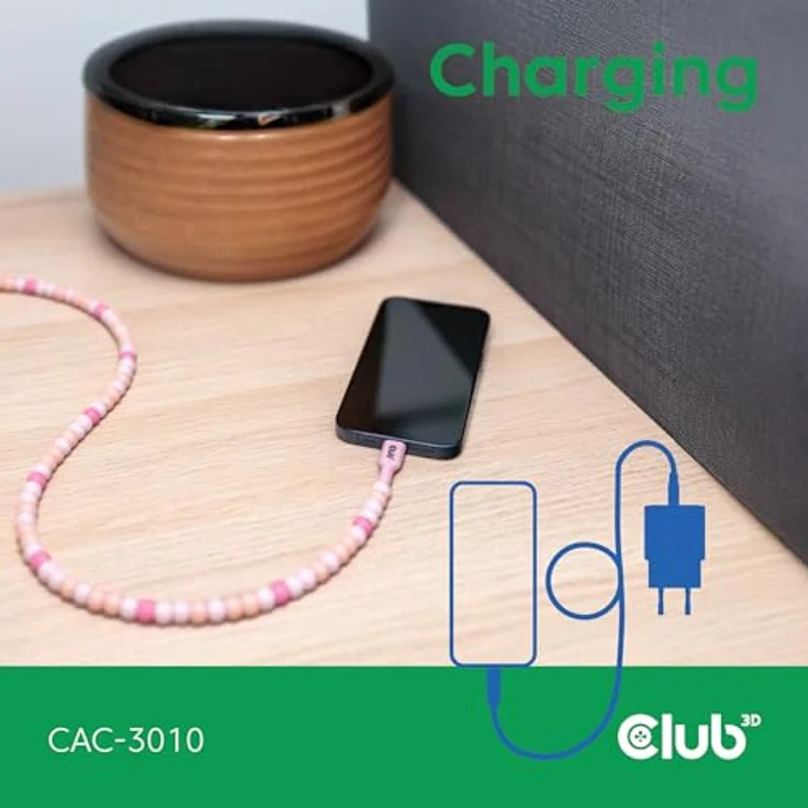 Club3D CAC-3010 USB-C® Perlenkabel, 60W Leistung, pink, Datenübertragung bis 480Mbps – Bild 5