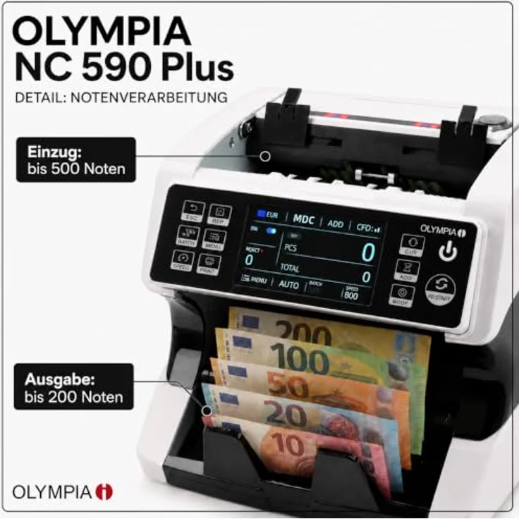 Olympia NC 590 Plus Banknotenzählgerät, Mix-Wertzählung, Fälschungserkennung CIS/MG/IR/UV, 500 Noten Eingabe, TFT-Kundendisplay – Bild 3