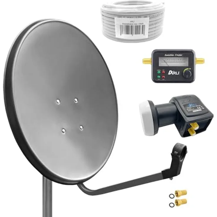 ARLI 60cm HD Sat Anlage Twin LNB + 20m Koaxialkabel 135dB + Satfinder + 2 F-Stecker Digital 2 Teilnehmer Antenne grau UHD 4K - Stahl Spiegel, extrem kälte- und hitzebeständig