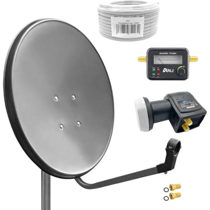 ARLI 60cm HD Sat Anlage Twin LNB + 20m Koaxialkabel 135dB + Satfinder + 2 F-Stecker Digital 2 Teilnehmer Antenne grau UHD 4K - Stahl Spiegel, extrem kälte- und hitzebeständig – Bild 1
